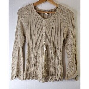 Vtg RAVE Cable Knit Y2K Flare Sleeves Top Womens L Baby doll Lace Up Made In USA